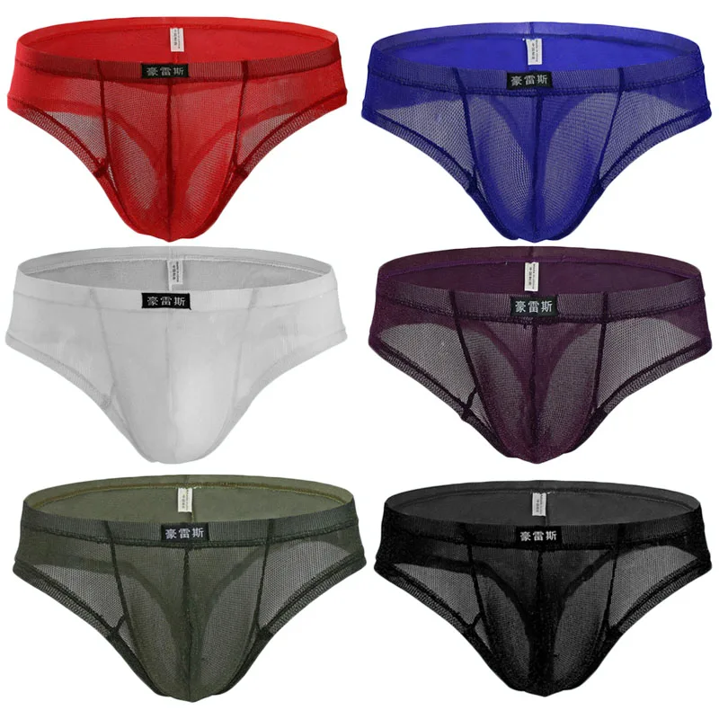 6PCS/Lot Sexy Briefs Men Underwear Transparent Net Mesh Bikini Brief Underwear Bulge Underpants Waist Briefs Sexy Lingerie Gift