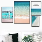 Настенная картина розового пляжа, синего морского леса, пейзажа, настенная Картина на холсте, скандинавские плакаты и принты, настенные картины для гостиной, Настенный декор