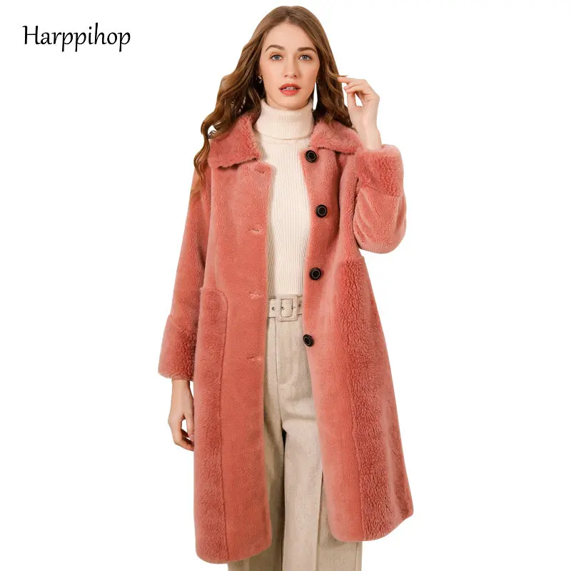 Женское длинное пальто из овечьей шерсти теплое 2019 натурального меха ягненка для