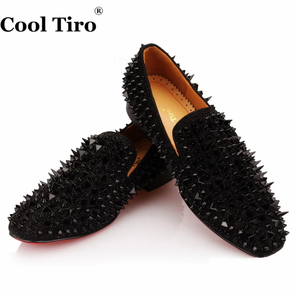 COOL TIRO Handmade Mens Shoes Studded Spike Black sequin drill Loafers Runway Shining Rivets Party Dress Men | Обувь