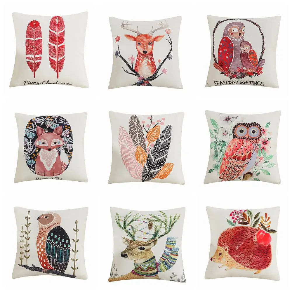 Красочные Животные Олень сова лиса узор хлопчатобумажная льняная Подушка