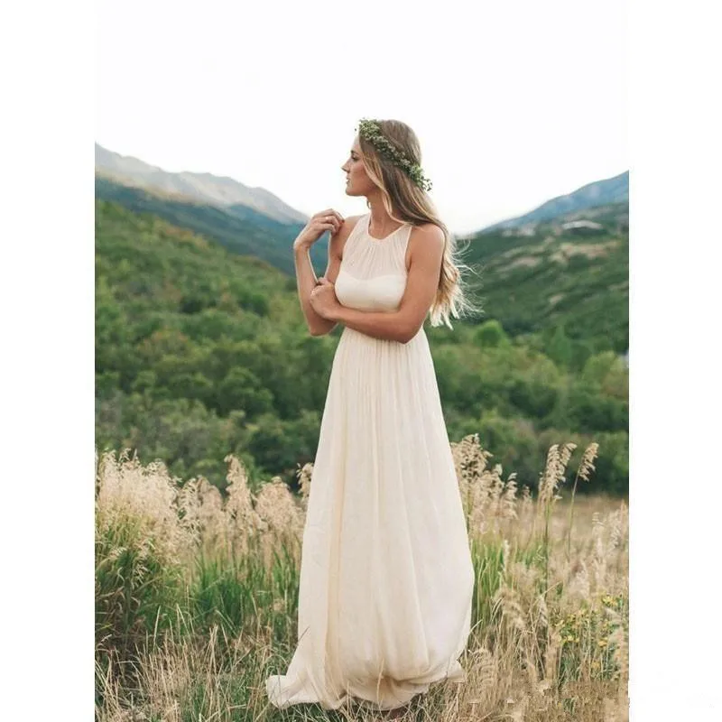 

Summer Elegant Country Style Jewel Neckline Wedding Dresses Chiffon Floor Length Sleeveless Beach Bridal Gowns