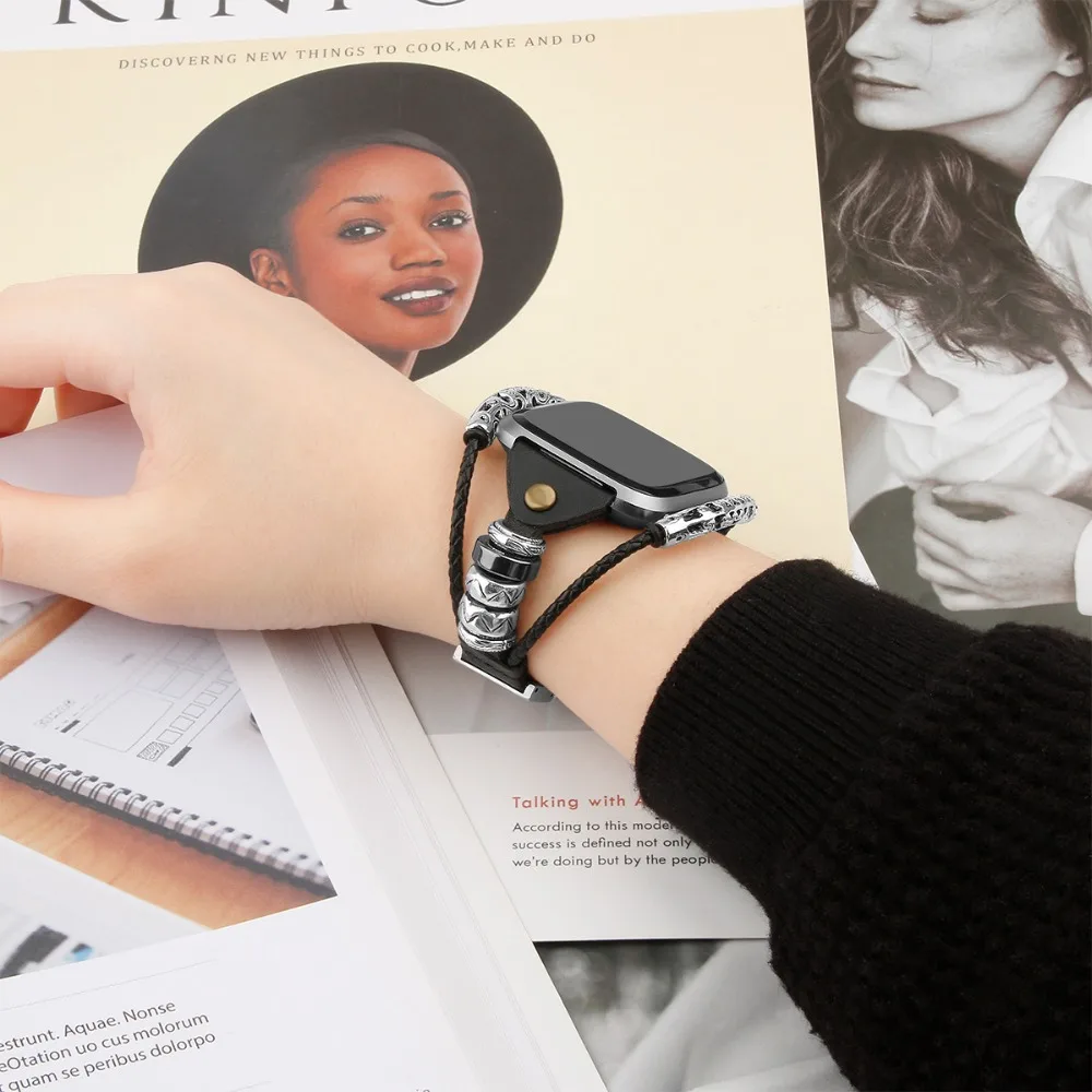 Для FitbitVersa ремешок из натуральной кожи ретро Досуг Женский браслет для Versa Lite Ремешки для наручных часов двойное кольцо Ретро ремешок на запястье
