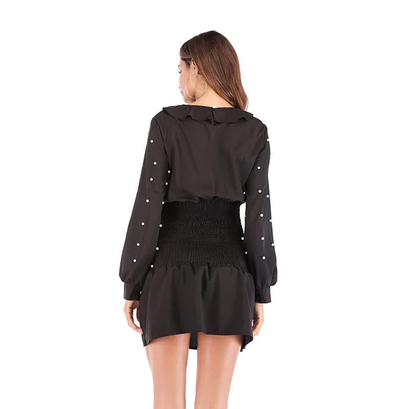 Женское короткое платье с эластичной резинкой на талии 2018 осеннее женское черное