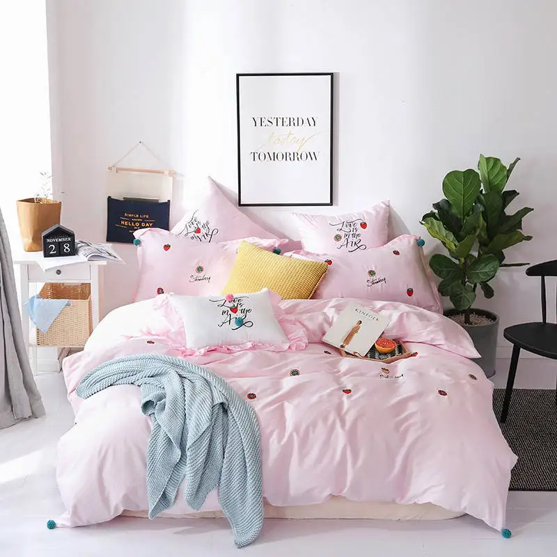 2 pink 4/6 шт., постельное белье из сатина для девочек, 60 S, перкаль, хлопок, постельное белье, белый с вышивкой клубники, пододеяльник, евро 60*60 см - Цвет: 2 pink