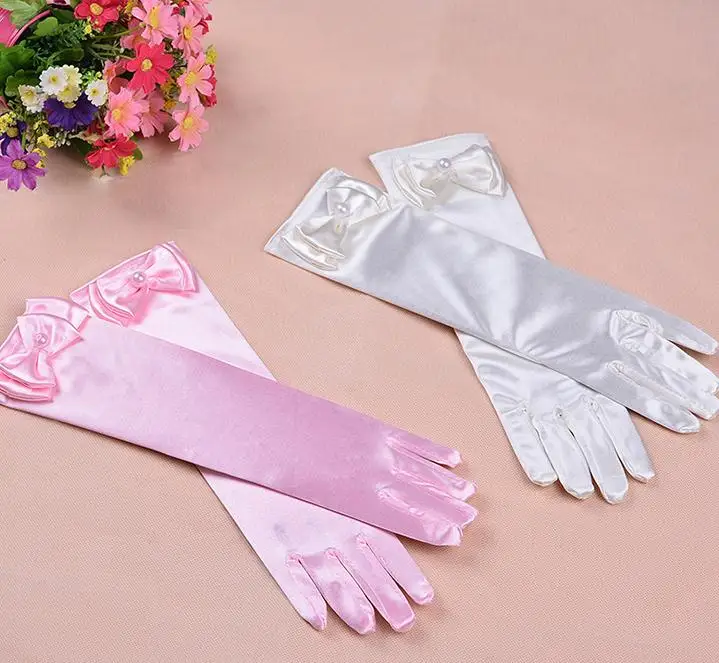 Wedding Elastic Girl Satin Long Gloves Kid Fancy Dress Bow Pearl Costume COS princess Mitten 3Y-8Y party favor SN1029 | Дом и сад