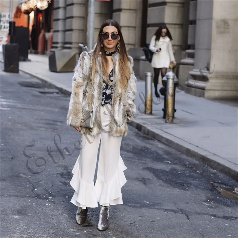 Ethel Anderson Real Farm Rabbit Fur Coat Striped Pattern Full Length Sleeve Coat Hip-Length Outwear