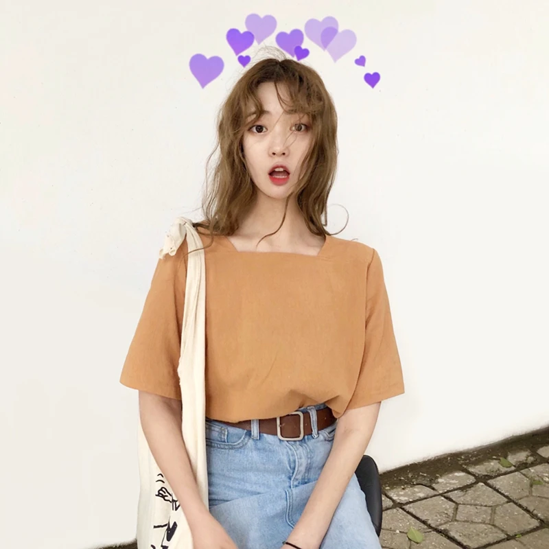 Lychee Летняя женская футболка с квадратным воротником однотонная Повседневная