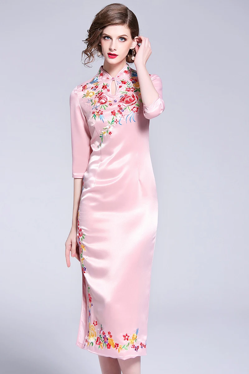 Китайский стиль Cheongsam вышивка Florals Женщины платье элегантный воротник-стойка Женский Тонкий платья осень голубой розовый