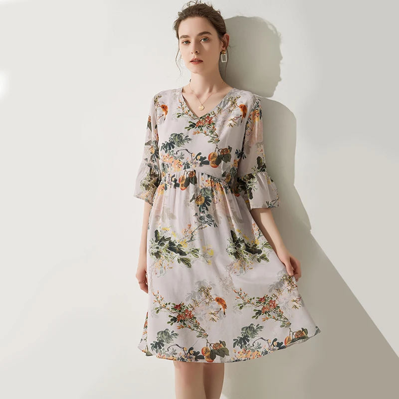 100% шелк Летнее шелковое платье высокого качества женское с оборками и v-образным