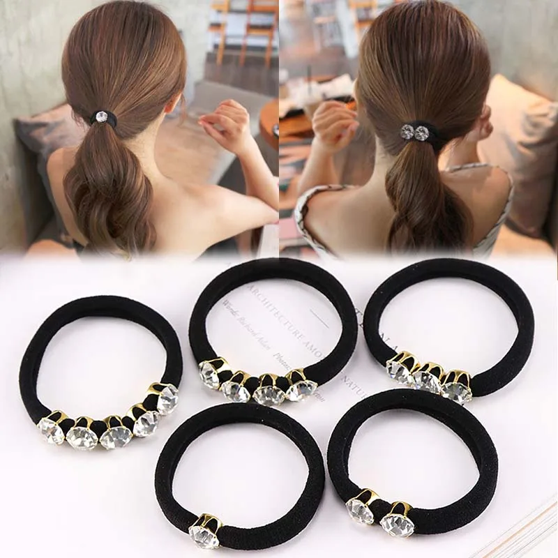 

New Fashion Elegant Rhinestones Hair Accessories Simple Black Elastic Hair Bands for Women Girl Ponytail Rubber Band
