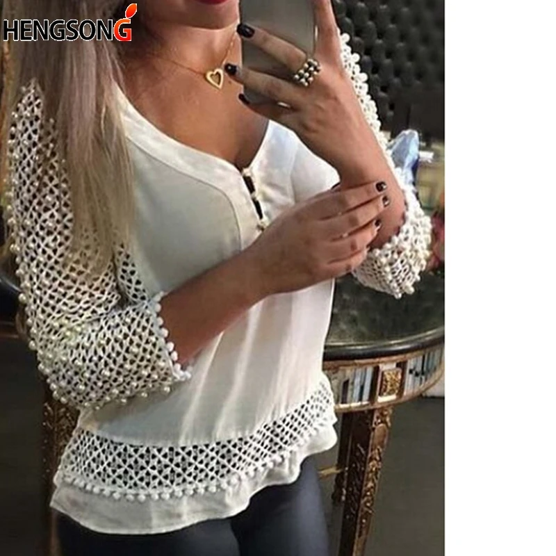 Summer Women Blouses Mesh Tops Three Quarter Sleeve V-Neck White Ladies Sexy Hollow Shirts Tassel Blusas |