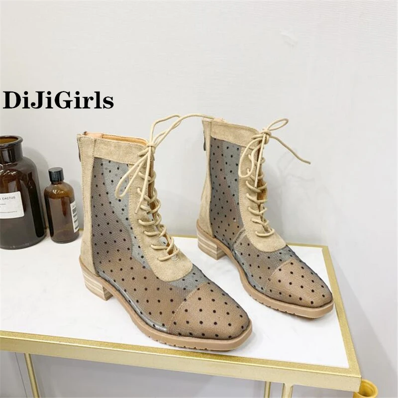 DiJiGirls/Летняя пикантная обувь из сетчатого материала; женские босоножки; пикантные женские туфли из замши и сетчатого материала с перекрестной шнуровкой и подковы на каблуке для банкета