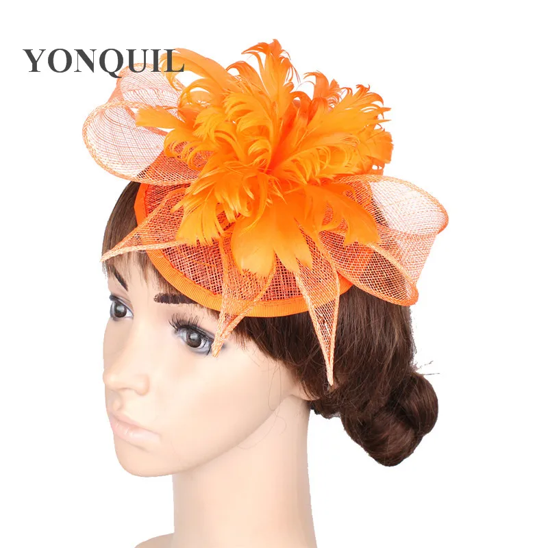 

Orange Or Multiple Colors Sinamay Hats Feather Flower Fascinators For Party Hats Bridal Hair Accessories Cocktail Hats OF153504