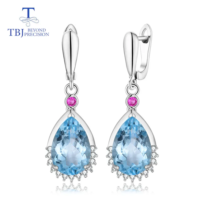 

TBJ,Water Drop 13.5ct Genuine brazil blue topaz gemstone good clasp Earring 925 Sterling Silver Fine Jewelry For Women best gift