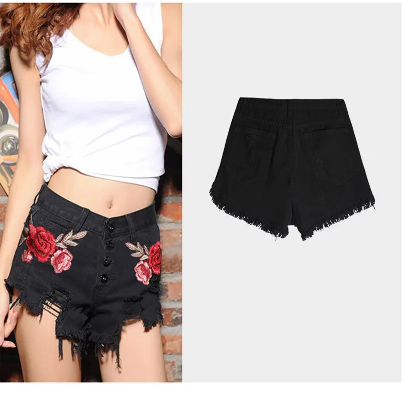 Черный вышивка джинсовые шорты сексуальные джинсы Рваные Кисточкой Шорты