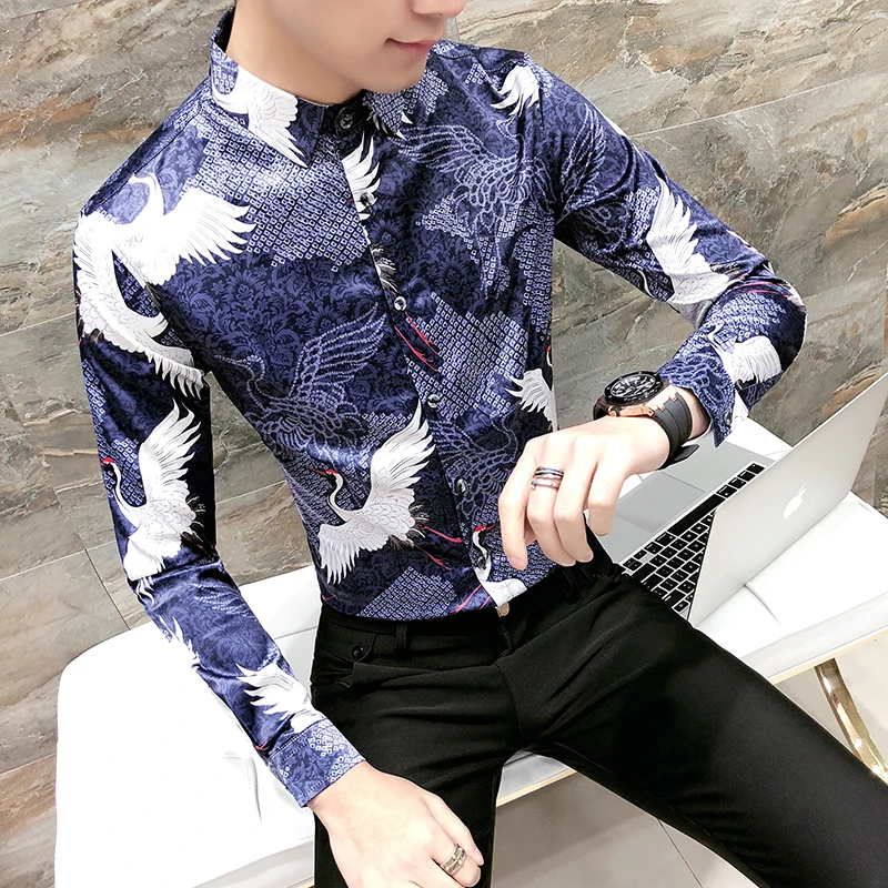2018 мужские рубашки с принтом длинными рукавами в китайском стиле цветочным синие