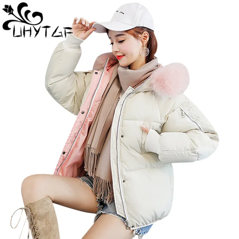 

UHYTGF Big fur collar Hoodies Coat Women 2018 Parka Short Tops Winter Down Cotton Jacket Plus size Clothes Thick Cotton Coat 13