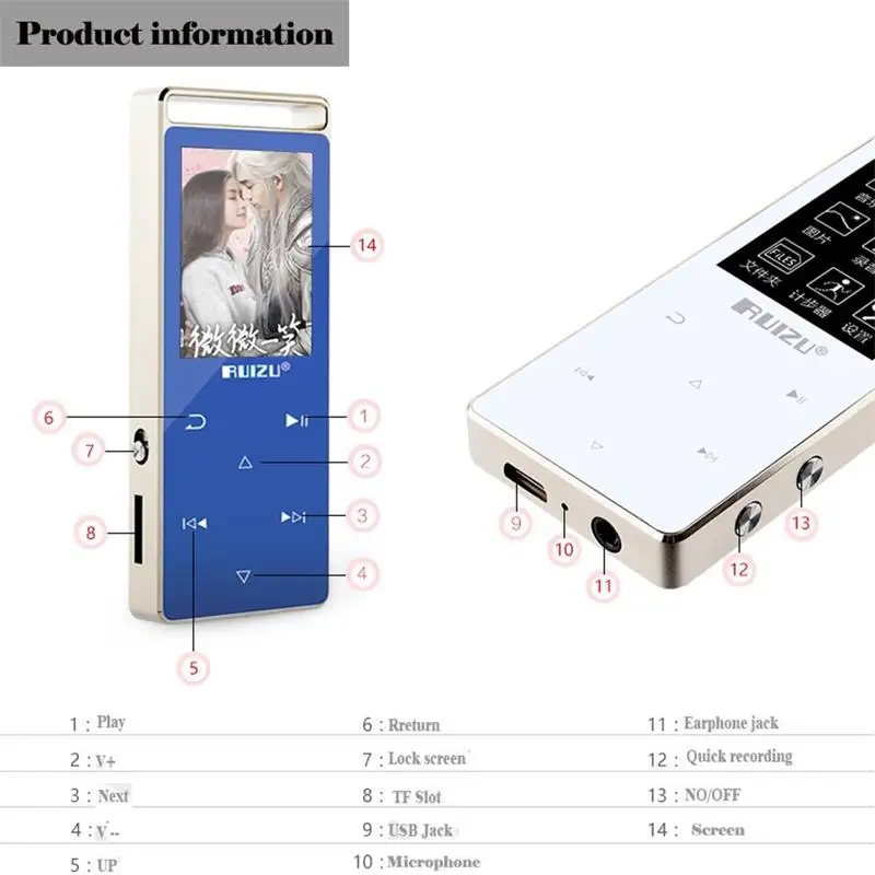 MP3 плеер ruidu D01 с bluetooth, 8 ГБ, сенсорный экран, 1,8 дюймов, диктофон, FM Электронная книга, часы, видео, USB, MP3, музыкальный плеер