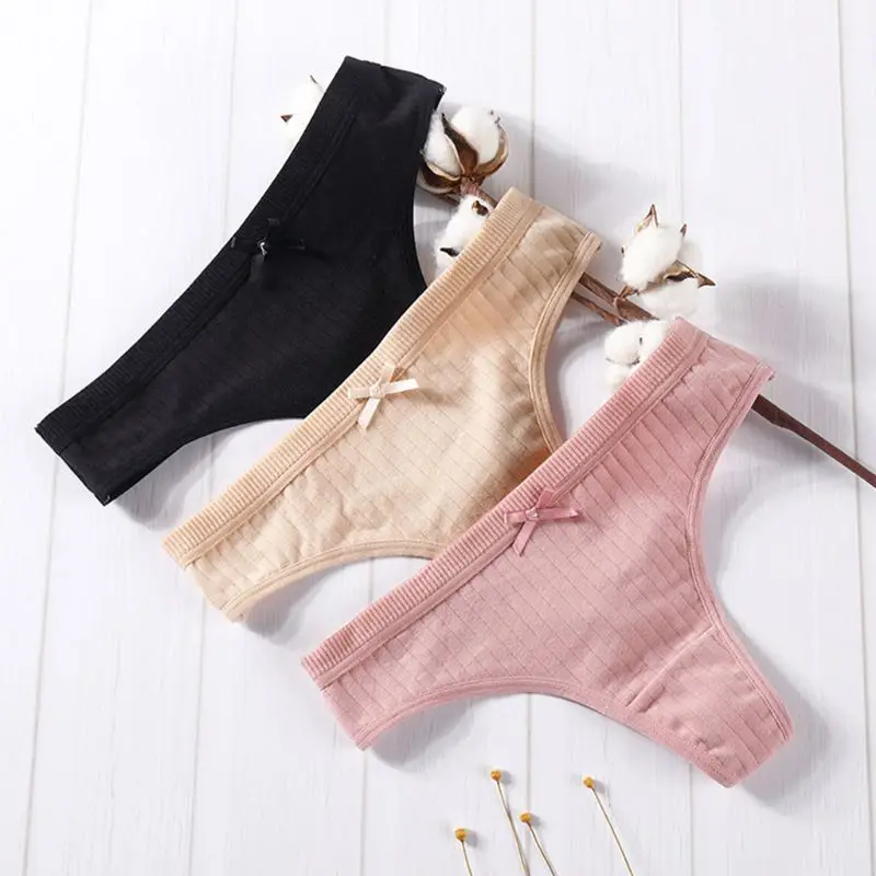 Women Sexy Low Rise Cotton G-String Lingerie Plain Solid Color Bowknot Panties Thong Thread Ribbed Striped Underwear Briefs