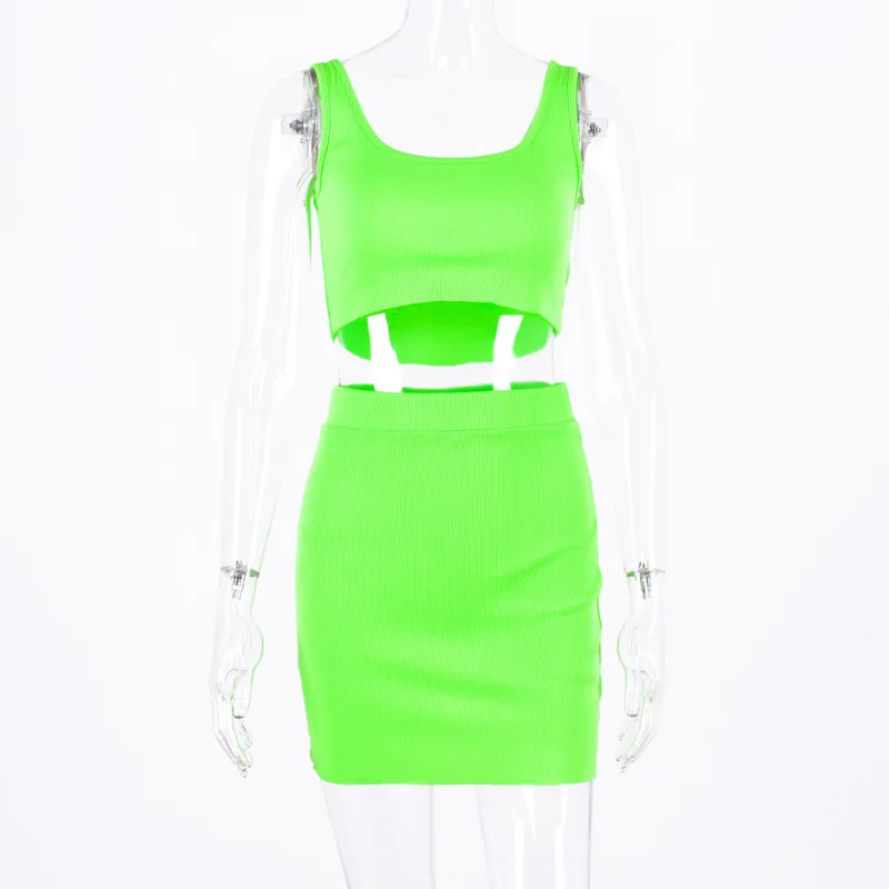 

AIUJXK New Arrival Ribbed Knit 2 Two Piece Set Women Fashion Neon Color Casual Vest Crop Top And Skirt Suit Female Club Clothes