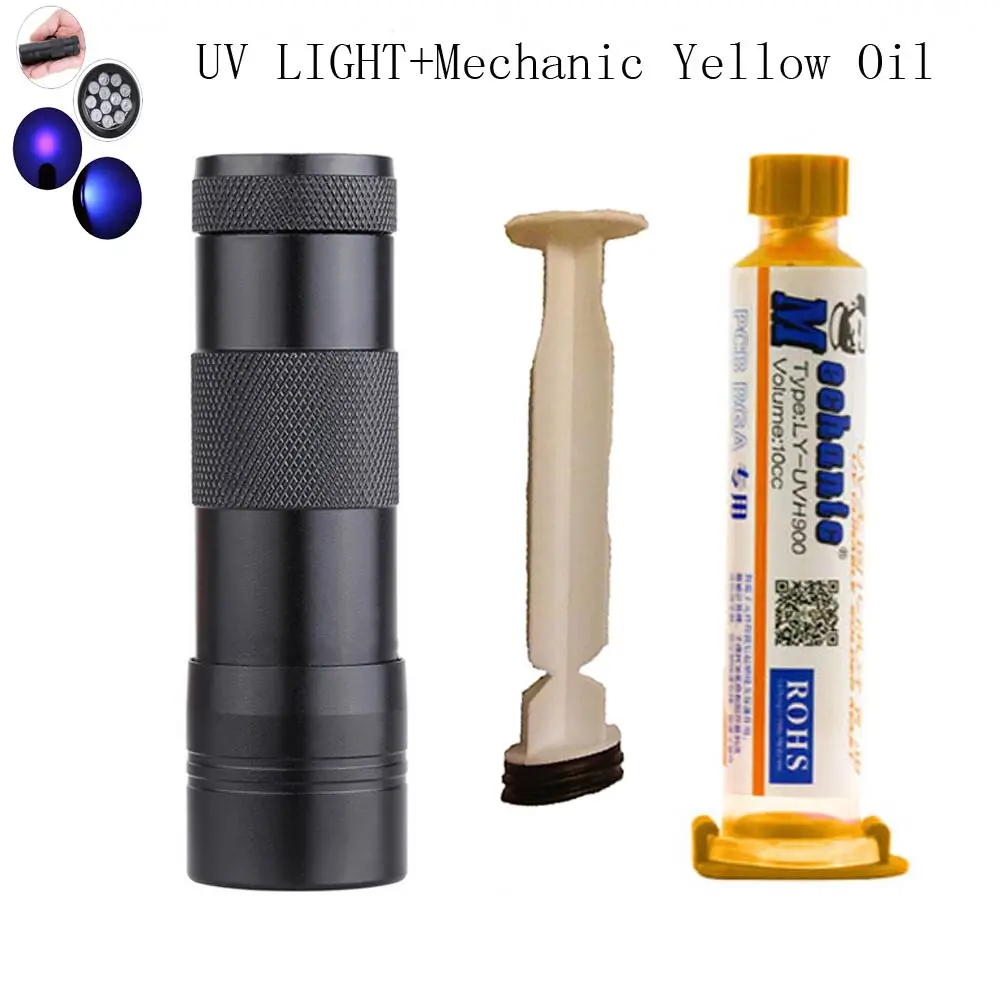 UV light yellow oil MECHANIC 10 мл зеленая УФ паяльная маска PCB BGA краска предотвращает КОРРОЗИОННОЕ дуговое пайка сварочные флюсы масло+ 12led УФ светильник+ плунжер - Цвет: UV light yellow oil
