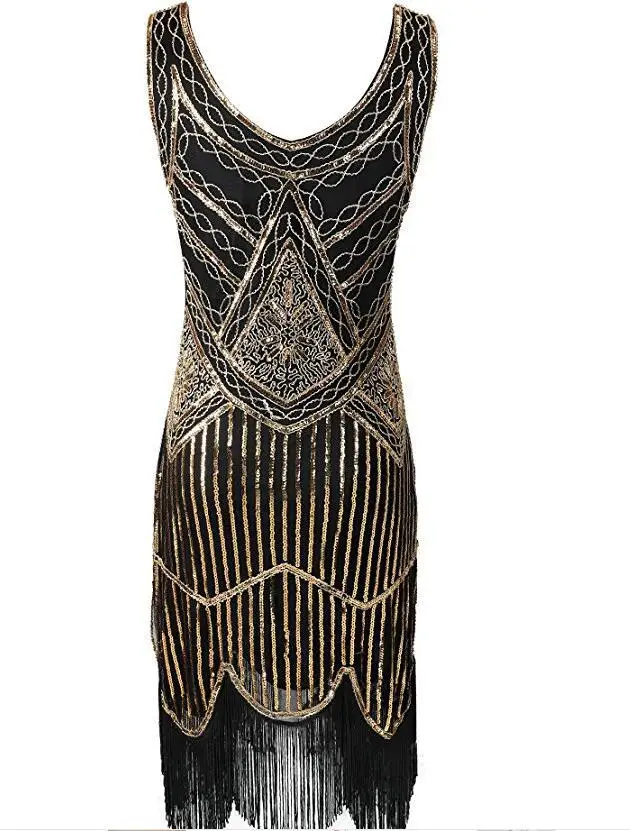 Gold Женские платья 1920s Great Gastby с пайетками в стиле арт-деко, винтажные вечерние платья с v-образным вырезом, украшенные бахромой, летние платья без рукавов - Цвет: Gold
