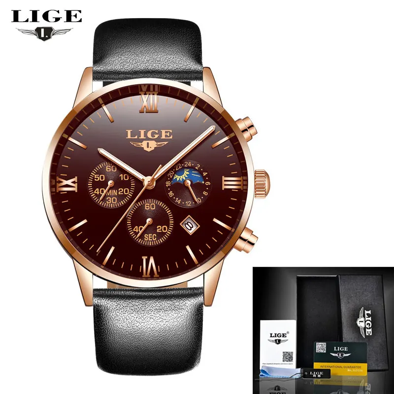 Leather Brown LIGE новые мужские часы лучший бренд класса люкс мужские кварцевые часы человек полный стальной Многофункциональный Дата модные спортивные часы Relogio Masculino - Цвет: Leather Brown