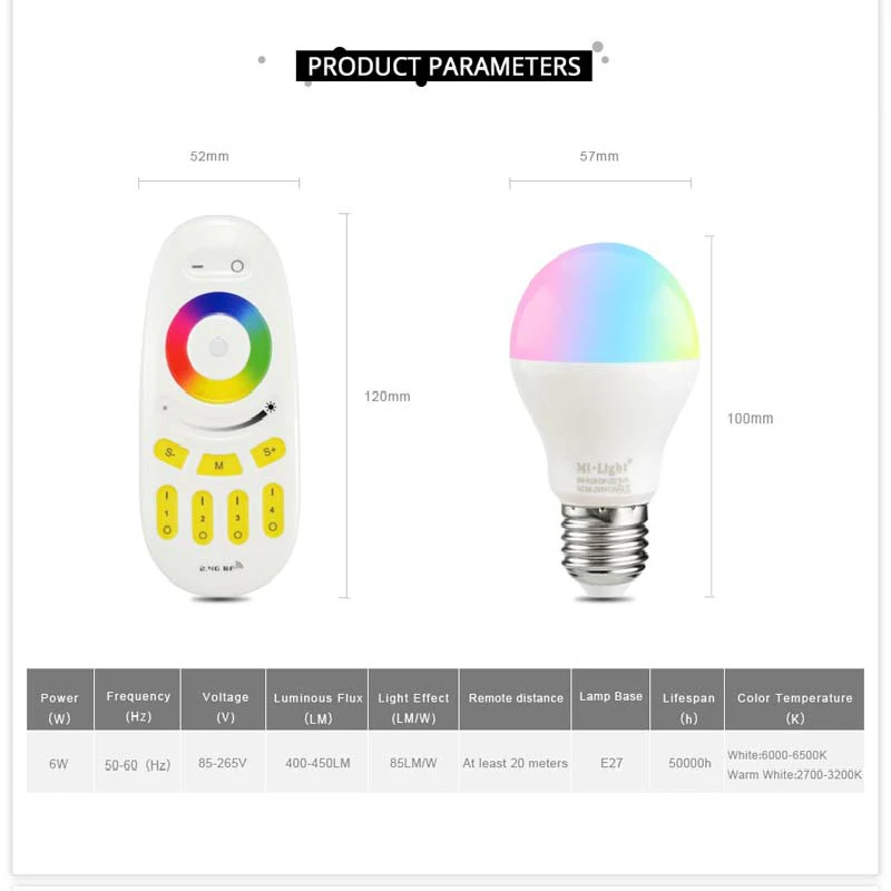 С регулируемой яркостью Светодиодная лампа RGBW Mi Light E27 AC 85 265 V 6 W Luz светодиодный