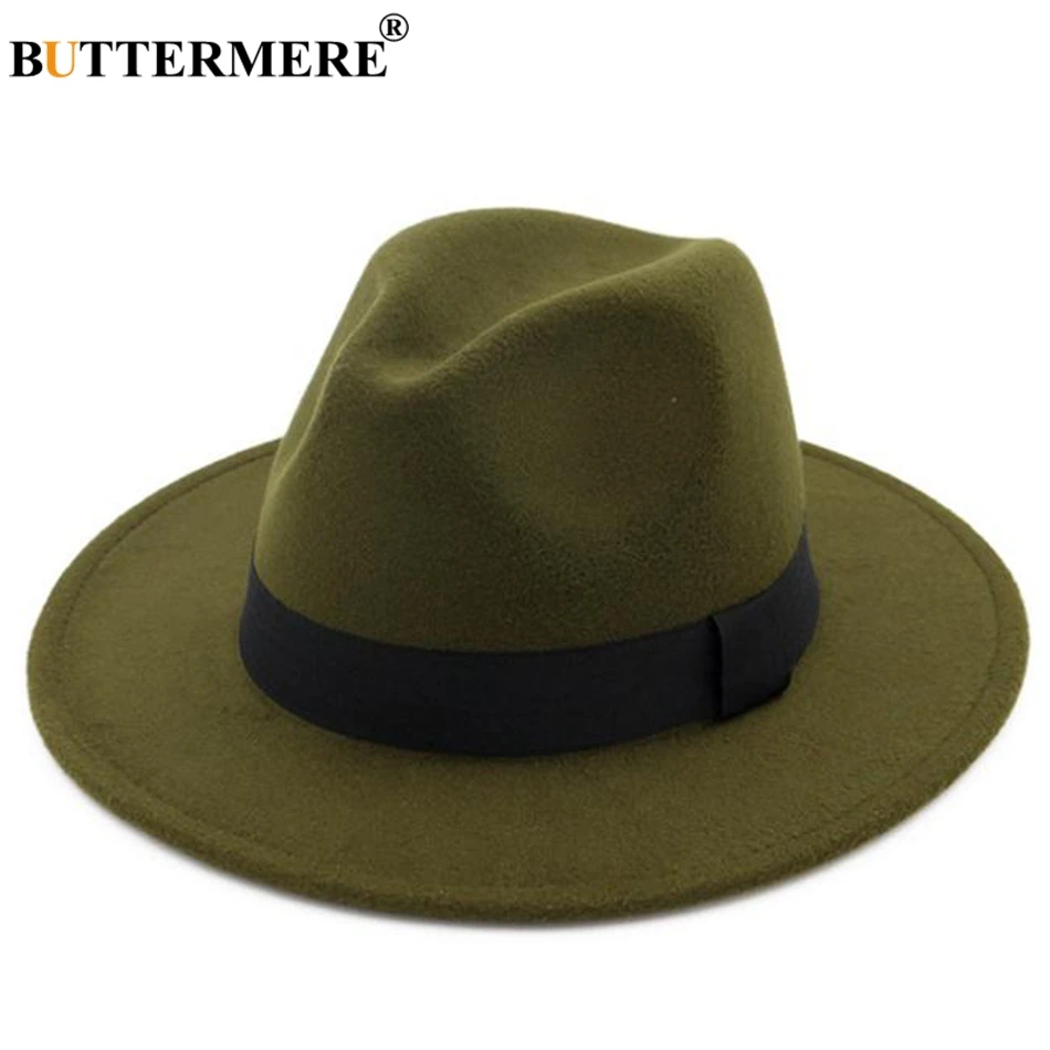 army green hat BUTTERMERE фетровые шляпы для девушек, хлопковая серая джазовая шляпа, Топ для женщин с широкими полями, британская Классическая фетровая шапочка, Женская осенне-зимняя фетровая шапочка - Цвет: army green hat