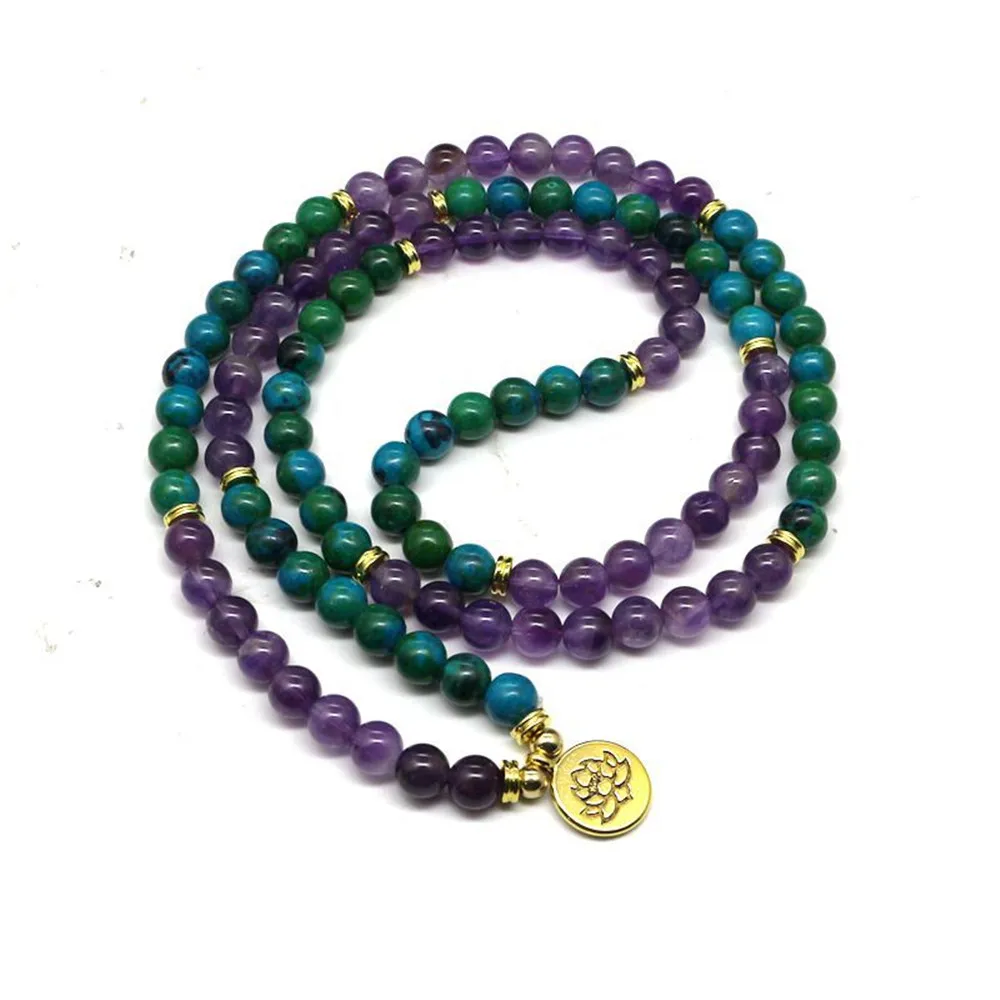 Новый стиль кристалл & Chrysocolla 8 мм бусины 108 браслет золотой Ом Лотос очарование