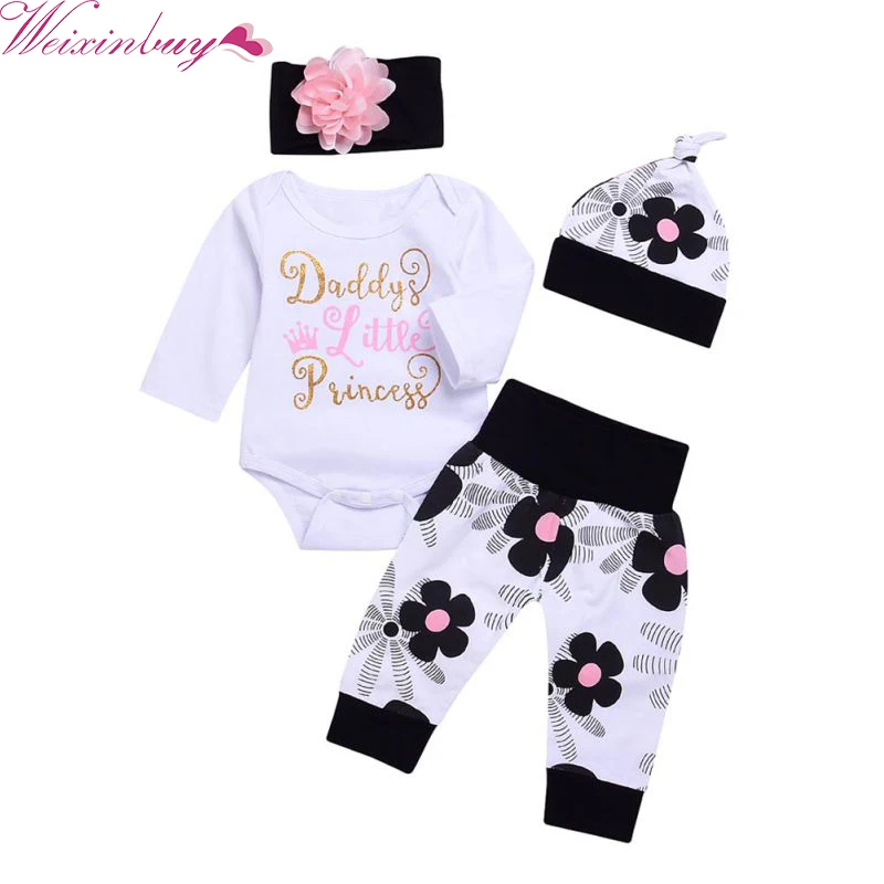 

4PCS/Set Newborn Baby Girl Clothes Suit Long Sleeve Cotton Romper Tops+Floral Pant Headband Outfit Toddler Kids Clothing Hot