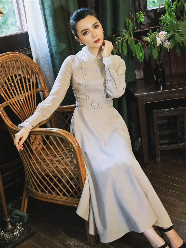 

2018 new fashion women's dresses autumn retro vestidos long-sleeved lace elegant Slim dress