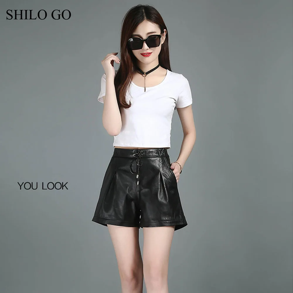 Leather Shorts Womens Autumn Fashion sheepskin genuine leather vintage adjustable high waist wide leg shorts | Женская одежда