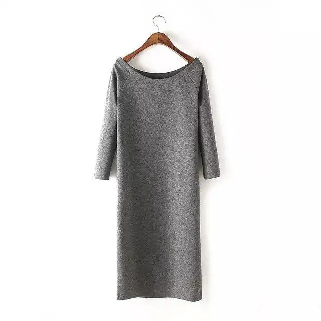 XC126 Fashion 2016 Women Gray Stretch Mid-Calf Sport Dress O-neck Three Quarter Sleeve Fit Causal Brand Female Vestidos | Женская одежда