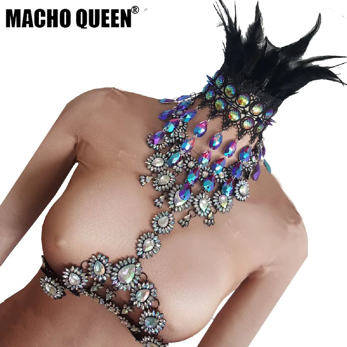 ?? 燃焼男衣装ホログラフィックラインストーンドラッグクイーンボディチェーンフェザーチョーカー夏祭り Clother 着用