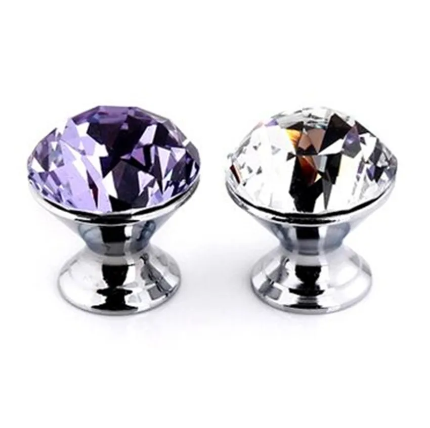 

30mm Top quality modern fashion deluxe K9 crystal drawer tv table knobs pulls silver purple wine cabinet cupboard door handles