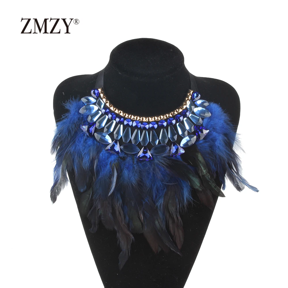 ZMZY роскошное эффектное ожерелье с перьями с кольцом Femme Boho модное винтажное Макси хрустальное ожерелье в виде капли