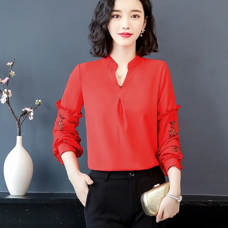 Blusas Mujer De Moda 2018 Осень Элегантный вышивка оборками блузки Для женщин с длинным
