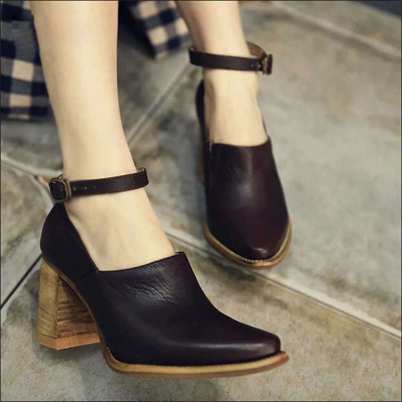 Весна 2020 Модные женские туфли из натуральной кожи на высоком толстом каблуке