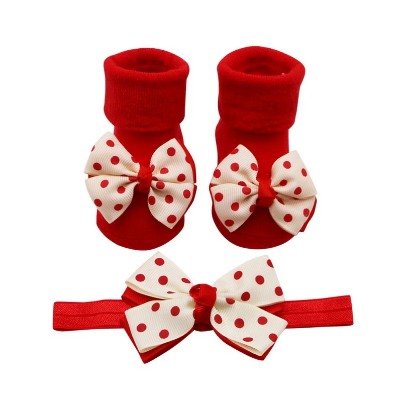 C 2PCS/Set Baby Socks For Girl Bebe Toddler Newborn Sock+ Bow Headband Infant Anti Slip Cotton Socks Glue Birthday Sock 0-1Years - Цвет: C