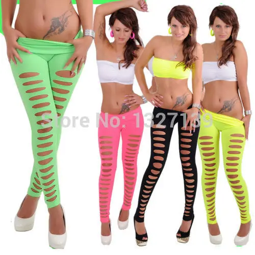 

Women Disco Sexy Candy Color Skiny Slim Hole Stretch Pants Leggings White