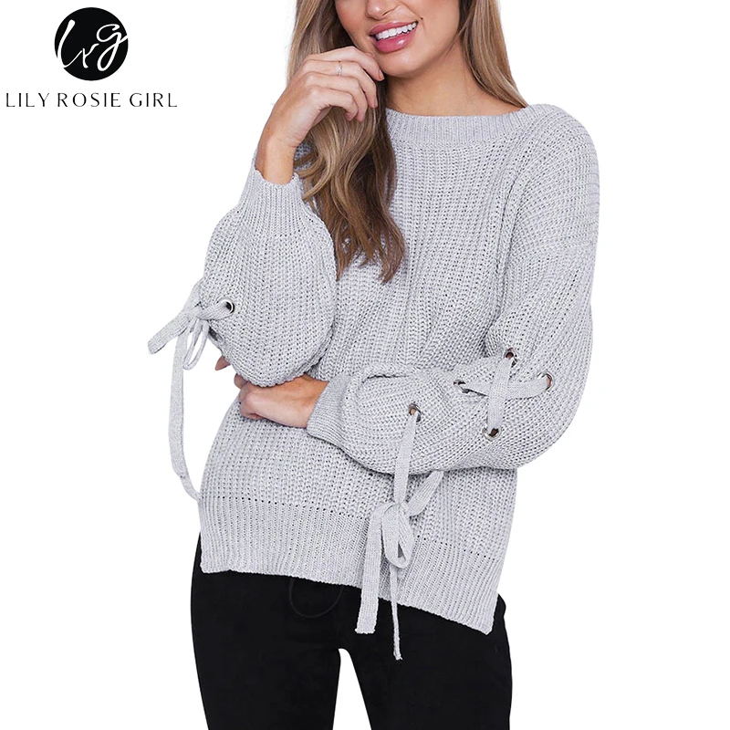 Lily Rosie Girl Gray Lace Up Casual Women Sweaters Knitted Long Sleeve O Neck Autumn Winter Side Off Shoulder Pullovers Jumper | Женская