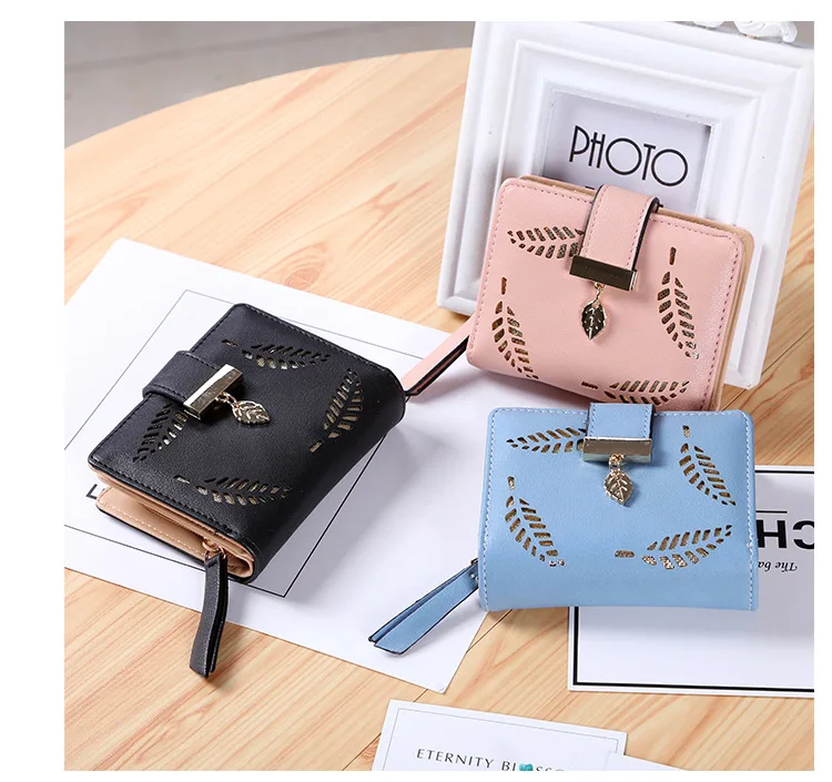 New Women Wallets Short Wallet Ladies Zipper Buckle Hollow Leaf Purse Wallet Female Women Zipper Purse Card Holder Cartera Mujer