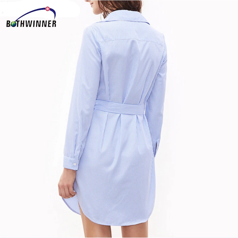 

Bothwinner Women Fashion Dresses Embroidery Dress Blue And White Striped Lapel Long Sleeve Self Belted Embroidered Shirt Dress