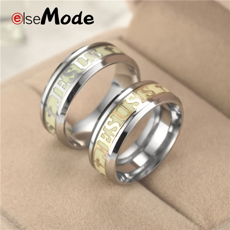 ELSEMODE Luminous JESUS Cross Christ Ring Titanium Steel Glowing In The Dark Wedding Engagement Rings For Women Men Jewelry