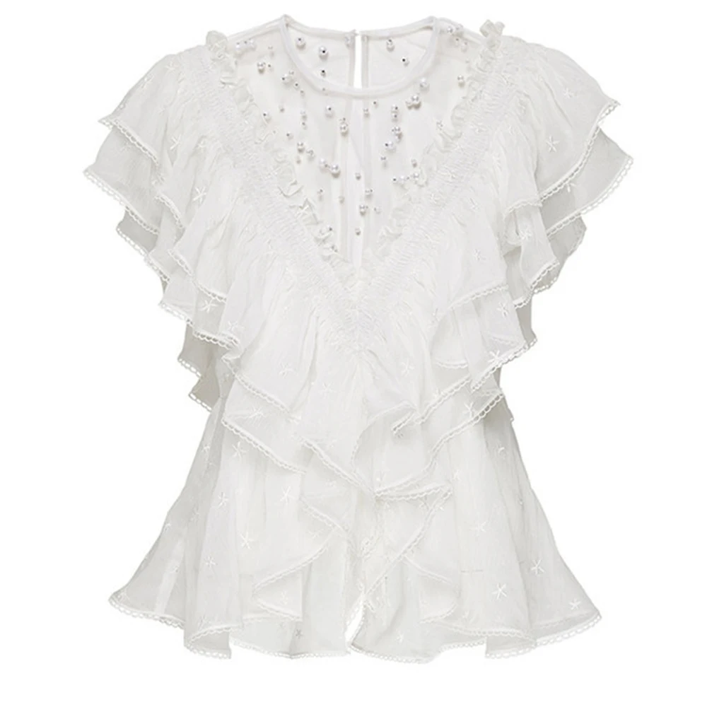 Женская блузка с круглым вырезом FTGSDLONG белая кружевная шифоновая длинными