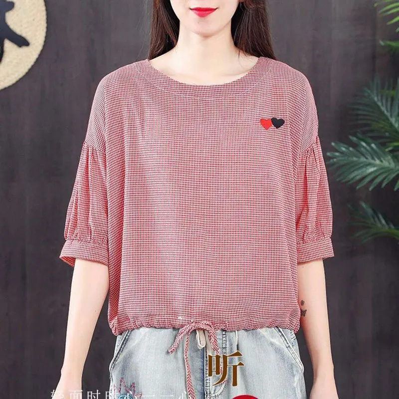 

F&je New Arrival Summer Women Tshirt Plus Size Loose Casual Half Sleeve O-neck Tee Shirt Femme 100% Cotton Plaid Cute Shirts D12