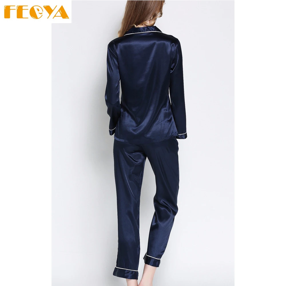 2017 Spring Autumn Women Pajamas Sleepwear Suit Set Sex Nightgown Femme Silk Loose Solid Long Sleeve Tops+Pants Style | Женская одежда
