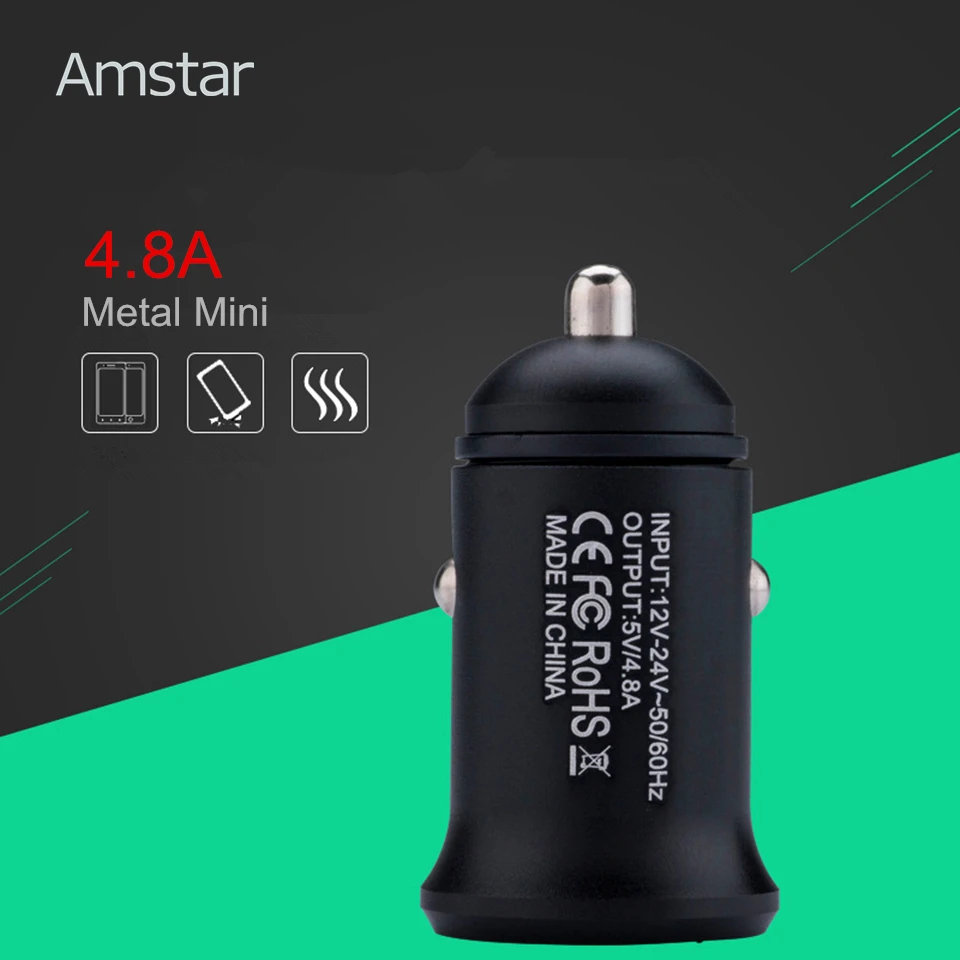 Металлическое Мини Автомобильное зарядное устройство Amstar с двумя портами 4.8A USB